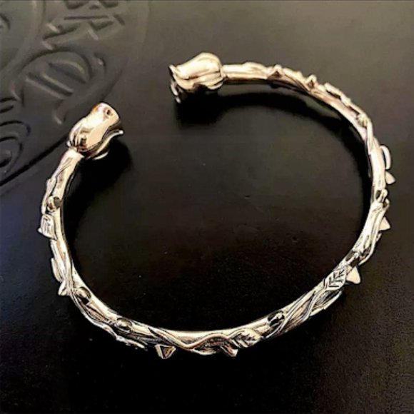 STERLING SILVER ROSE FLOWER BANGLE BRACELET - Picture 4 of 7